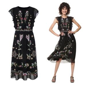 Desigual Sandy Midi Floral Embroidered Boho Dress Sheer Flutter Sleeves 36 Artsy